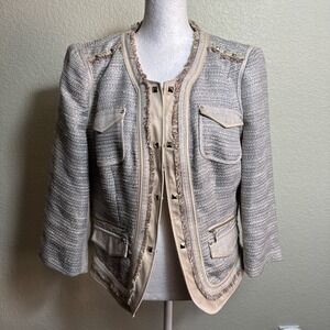 White House Black Market Blazer Size 10 3/4 Sleeves Beige Metallic Studded